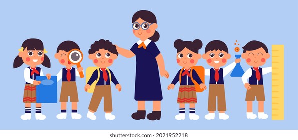 Teacher with students. Happy school student, children in uniform and woman. Preschool kids, cute college boys girls. Education decent vector characters