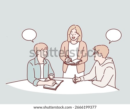 Teacher and students having joyful debate in classroom. Hand drawn style vector design illustrations.