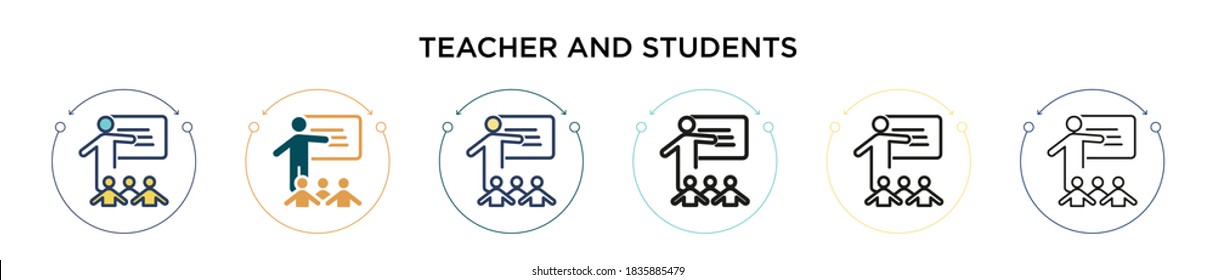 Teacher and students icon in filled, thin line, outline and stroke style. Vector illustration of two colored and black teacher and students vector icons designs can be used for mobile, ui, web