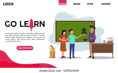 Teacher and students learn something in the classroom. education and learning Landing Page Concept. Suitable for landing page web template. Flat Cartoon Vector Illustration