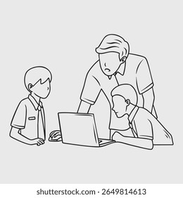 Teacher and Students Learning Together with a Laptop. Thin Line Illustration.