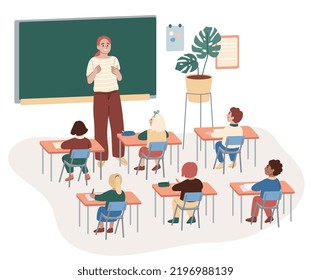 Teacher and students at the lesson. School life. Children writing. Education concept. Flat vector illustration.