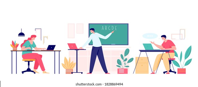 Teacher and students meeting on online class with laptops, flat vector illustration. Lecturer presents lesson via video call app remotely. Distance digital education, e-learning at home.