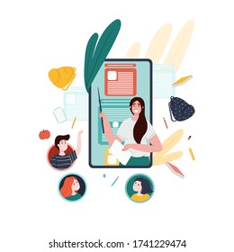 Teacher and students online meeting with smartphone. Online education, e-learning, remote studying flat concept illustration for landing page.  