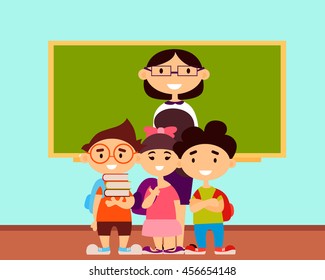 Teacher and students in school classroom. Vector illustration