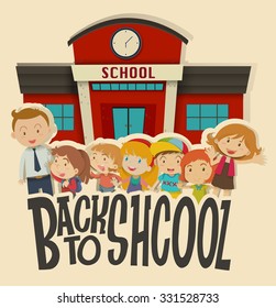 Teacher and students at the school illustration