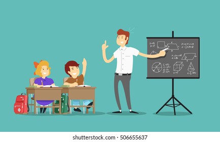 Teacher and students in school. Vector illustration.