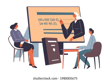 Maestra con estudiantes mostrando problemas matemáticos y resolviendo. Gente sentada en sillas y mirando el tablero con el ejemplo. Educación y desarrollo de habilidades matemáticas en clase. Vector de estilo plano