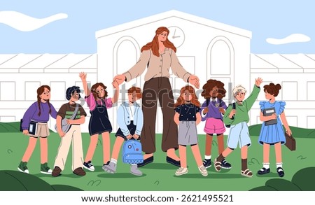 Teacher and students stand and waving hands together. Young learner and pupils are on school yard, greeting. Group of kids with educator. Elementary education and first grade. Flat vector illustration