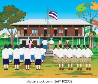 the teacher and students standing in front of thai flag for respect,vector design