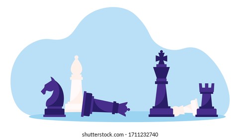 Teacher and students study chess pieces. Peaple plays chess illustration, strategy concept vector.
