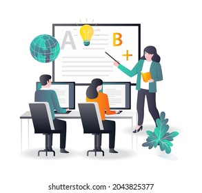 Teacher and students studying in class with blackboard and idea