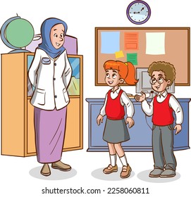 teacher and students are studying in the classroom cartoon vector