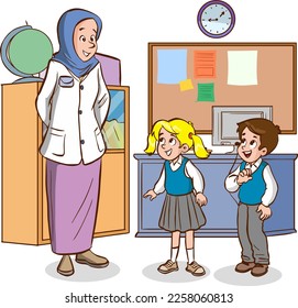 teacher and students are studying in the classroom cartoon vector