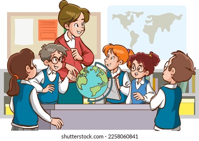 teacher and students are studying in the classroom cartoon vector