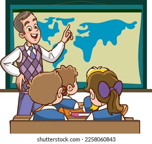 teacher and students are studying in the classroom cartoon vector