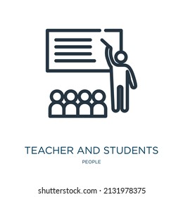 ícono de línea delgada para profesores y estudiantes. íconos lineales escolares, escolares, de personas concepto de señalización de contorno aislado. Elemento de símbolo de ilustración vectorial para diseño web y aplicaciones.