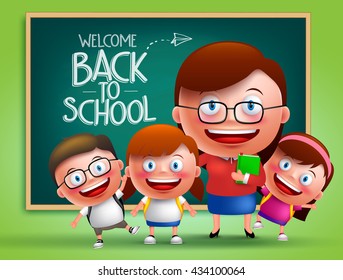 Teacher and students vector characters in front of classroom with chalk board at the back with back to school written. Vector illustration
