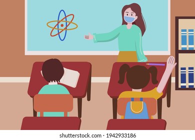 Teacher and students wearing mask in class. Back to school after pandemic concept  flat vector