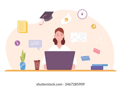 Teacher studying process. Individual teachers knowledge research laptop, student homework online school study mind training grammar education book or computer vector illustration of school education