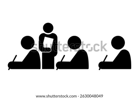 Teacher supervising students taking exam in classroom icon symbol