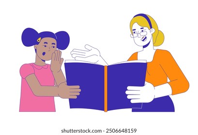 Teacher with surprised little girl reading book 2D cartoon characters. Female tutor showing textbook to student isolated flat vector people white background. Primary school color spot illustration