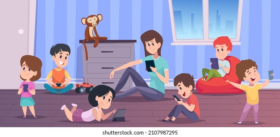 Teacher with tablet. Lessons for kids teacher sitting and using gadgets showing something on laptop screen exact vector studying processes illustration