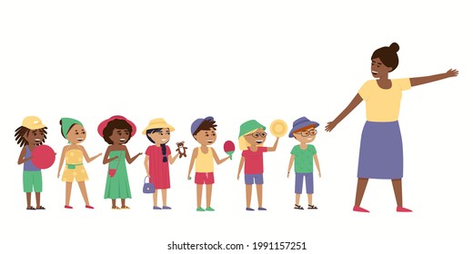 The teacher takes the children for a walk. Boys and girls walk and play with their favorite toys. International children in headdresses. Flat illustration images.