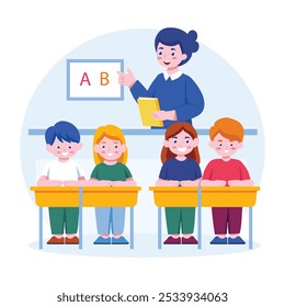 Professor tendo uma classe de crianças, ilustração de estilo plano 

