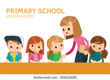 Teacher taking class teach educate exam tests kids pupils. Teacher with pupils in a classroom. Pupils attend classes listen to teacher. Primary school education vector illustration.