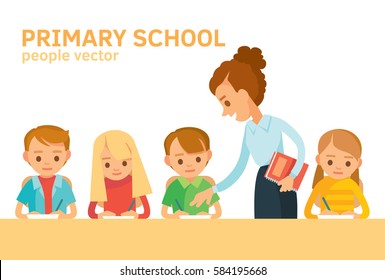 Teacher taking class teach educate exam tests kids pupils. Teacher with pupils in a classroom. Pupils attend classes listen to teacher. Primary school education vector illustration.