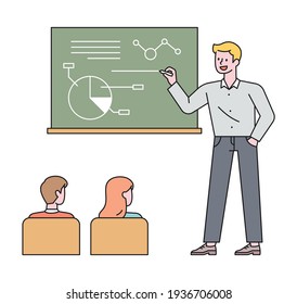 A teacher is taking notes on the board and taking classes, and the students are listening. flat design style minimal vector illustration.