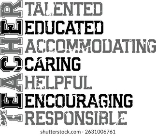 Teacher- Talented Educated Accommodating caring Helpful Encouraging Responsible, Teacher T-shirt Design in Vector File