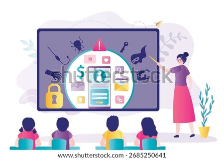 Teacher talking about hazard and dangerous in network for kids. Cyber security and information protection. Education for children. Privacy and mobile app protection. flat vector illustration