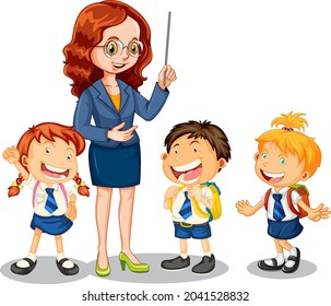 Profesora hablando con sus alumnos en ilustraciones de fondo blanco