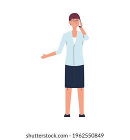 Teacher talking on the phone - cartoon woman in office clothes chatting on smartphone and smiling isolated on white background. Flat vector illustration.