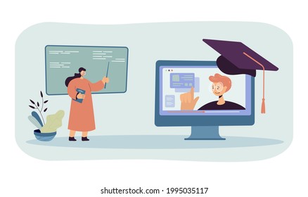 Maestra hablando con un estudiante en una enorme pantalla de computadora. Sombrero de graduación en el monitor, mujer en gafas en la ilustración plana del vector de pizarra. Educación en línea, concepto universitario para banner, diseño de sitios web