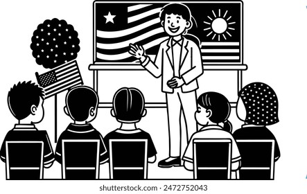 Profesora hablando con estudiantes sobre el Día de la Independencia. Julio cuarto feriado 2D personajes de dibujos animados simples con interior sobre fondo