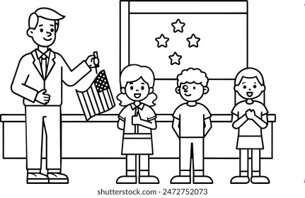 Teacher talking to students about Independence day. July fourth holiday 2D simple cartoon characters with interior on background