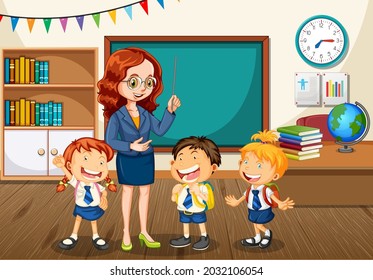 Teacher talking with students in the classroom scene illustration