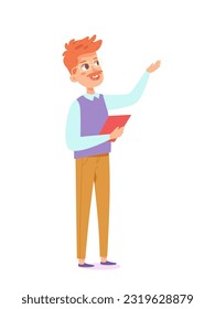 Teacher talking vector illustration. Cartoon isolated young redheaded man with mustache and glasses standing and pointing to explain lesson, professor or expert character with folder teaching