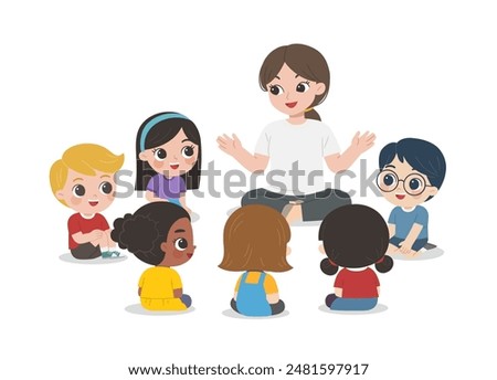 Teacher talks to student sit on floor in circle and listen to her.