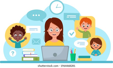 Teacher teaches children online 
 Study at home, online test, distance learning concept. Online learning.Vector illustration. 