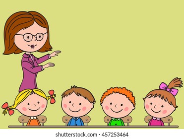 Teacher Teaches Children Pupils Sit Desk Stock Vector (Royalty Free ...