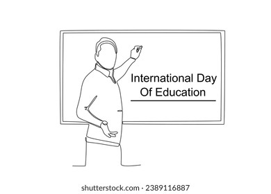 A teacher teaches his students in front of the class. International day of education one-line drawing