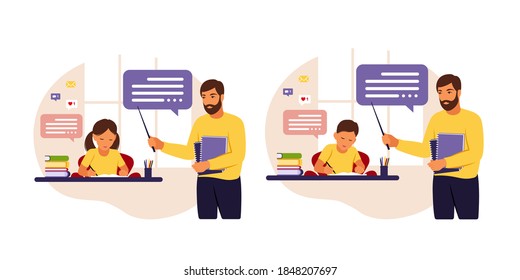 Teacher teaches kids at home or school. Conceptual illustration for school, education and homeschooling. Teacher helping kids with homework. Flat style vector illustration.
