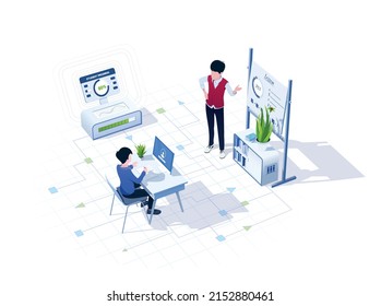 A teacher teaches a lesson in a modern classroom. The student notes out what the teacher says. A concept on the topic of business training. Vector illustration in isometric style.