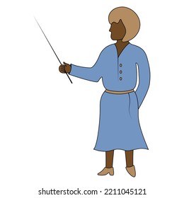 The teacher teaches a lesson at school. An African American woman in a blue dress holds a pointer in her hand. Color vector illustration. School theme. Cartoon style. Isolated background. 