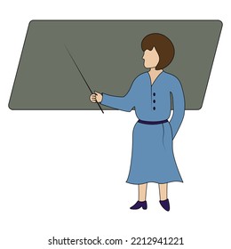 The teacher teaches a lesson at school. A woman in a blue dress points to a blackboard with a pointer. Color vector illustration. School theme. Cartoon style. Isolated background.