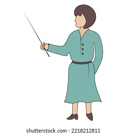 The teacher teaches a lesson at school. A woman in a green dress holds a pointer in her hand. Color vector illustration. School theme. Cartoon style. Isolated background. Illustration for web design.